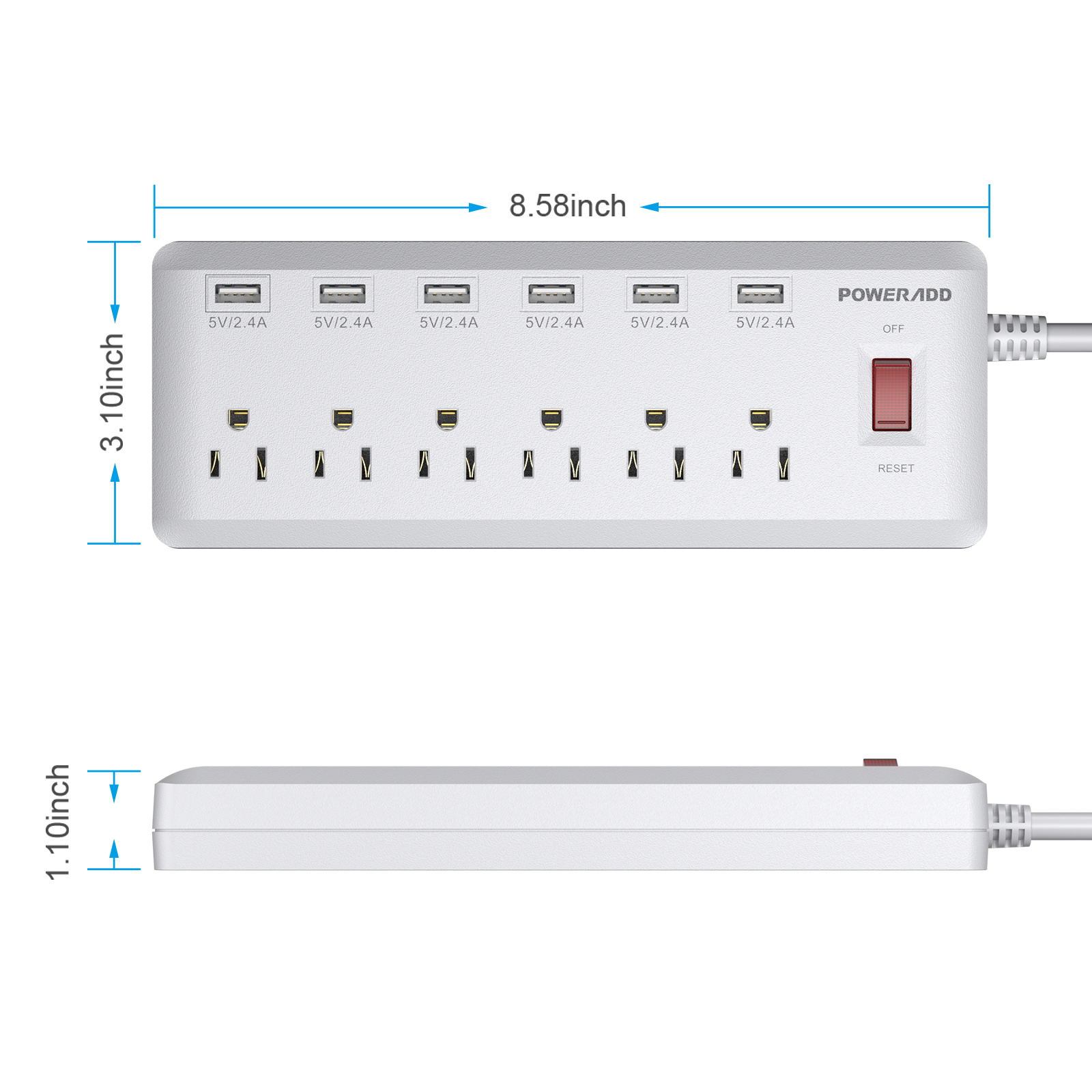 Poweradd Power Strip 6 Outlets 6 Smart USB Charging Ports Surge Protector